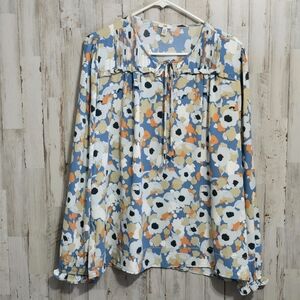 Joie Long Sleeve Floral Peasant Boho Blouse Button Placket Front Tie Size Large